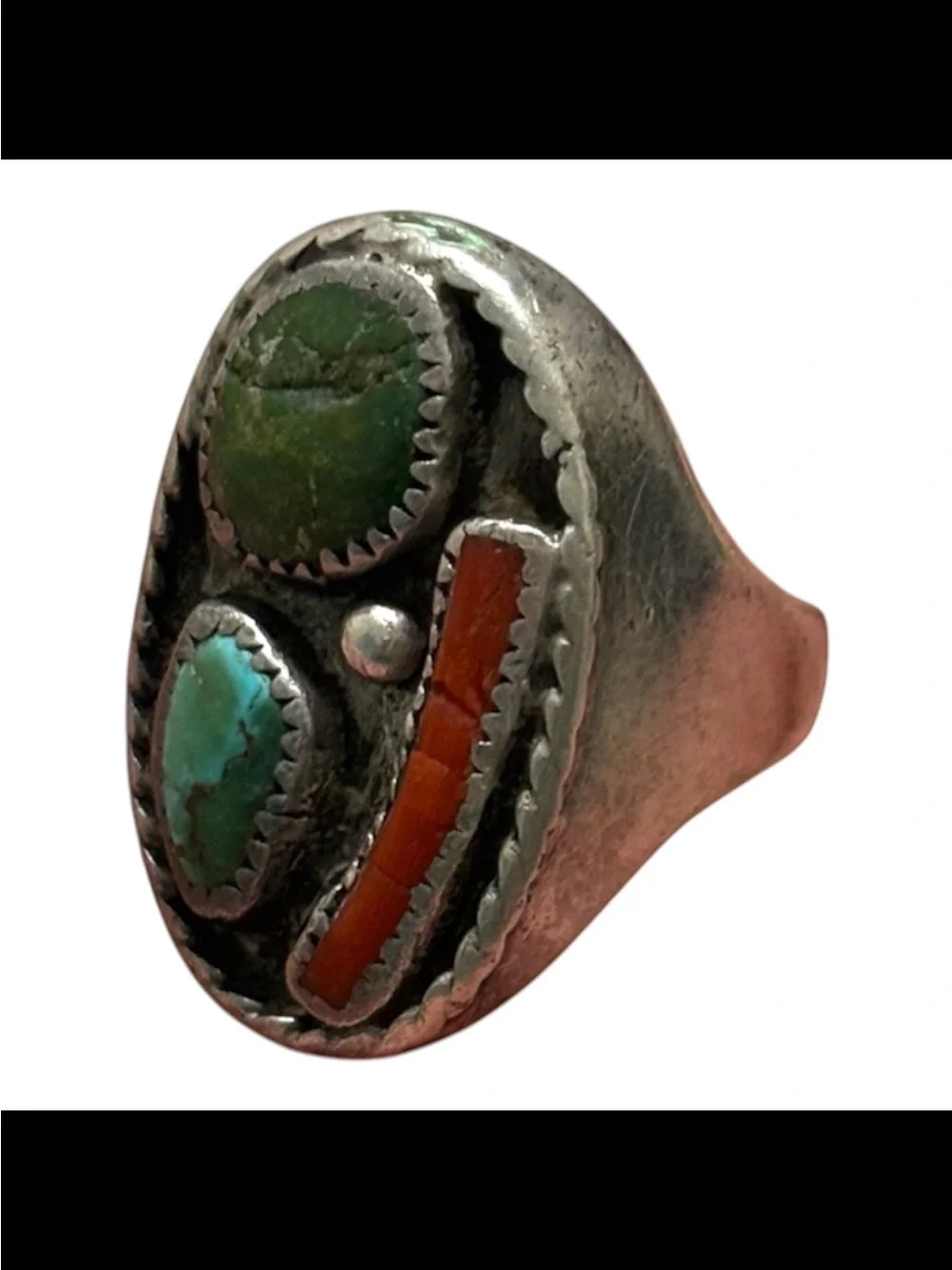 Vintage Navajo Sterling Silver Turquoise and Coral Ring Size 13